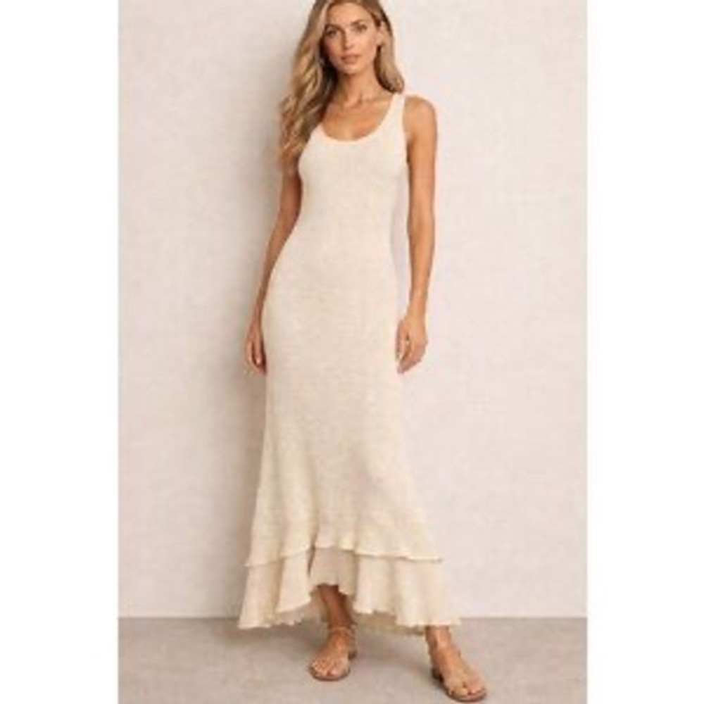 MONTE THE LABEL Napoli Knit Maxi Dress XS Cream Hi Lo Ruffle Boho Coastal Summer